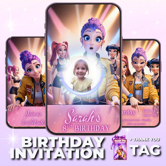 Kpop demon hunters party invitation and Thank you Tag bundle