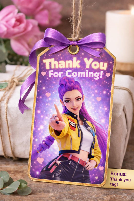 Kpop Demon Hunters Birthday video invitation and Thank you Tag