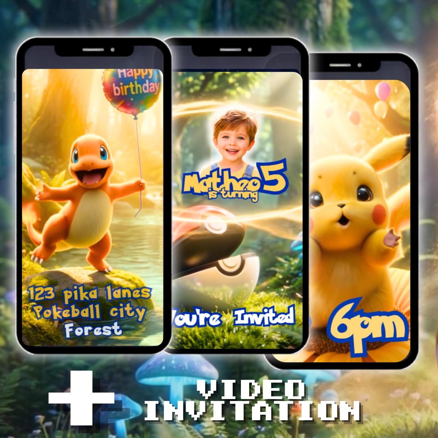 Pokemon Birthday Video gift Invitation and greetings custom bundle